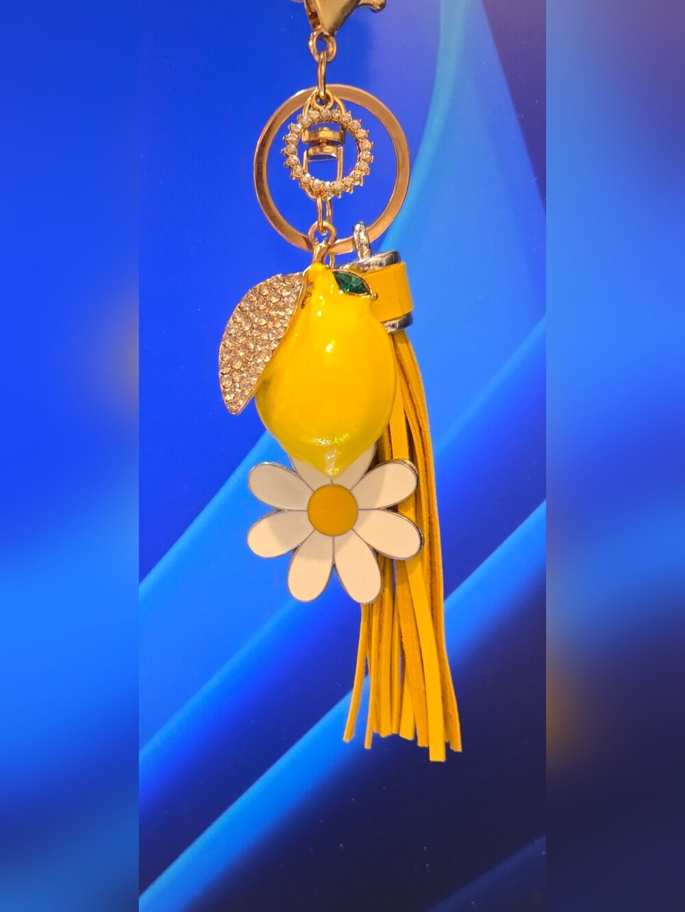 🍋Bright Yellow Lemon Purse Charm • White Daisy Floral Leather Tassel Keychain - Picture 6 of 16